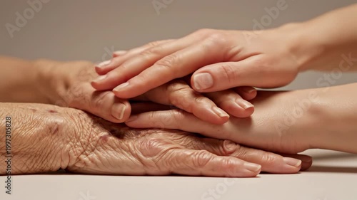 Three Generations of Women Stacking Hands in Comforting Support