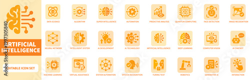 Set of Flat artificial intelligence and machine learning vector icons featuring neural networks, robotics, and generative AI technology symbols