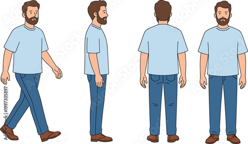 Male character illustration sheet showing walking, standing, front, side, and back views with outfit details for animation and design reference