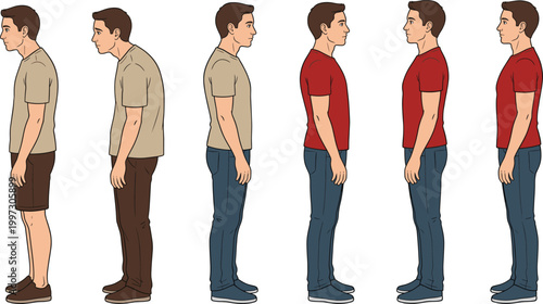 Illustration sequence showing progression from slouched posture to upright confident stance with clothing changes highlighting body alignment improvement