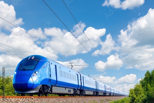 High-speed Train Travels on Railway Tracks Under Blue Sky With Clouds