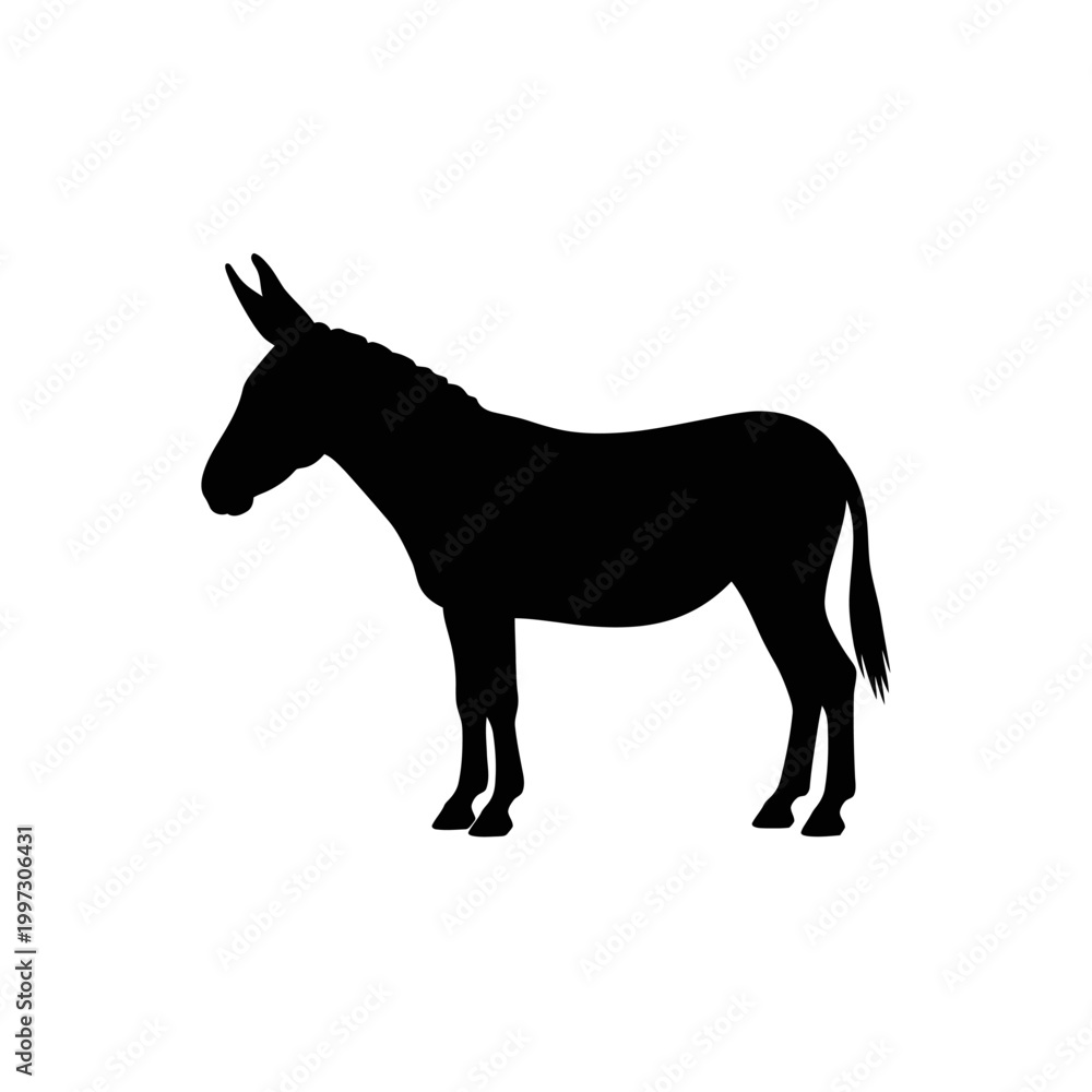 Fototapeta premium Silhouette of a donkey standing proudly against a plain white backdrop, side view.