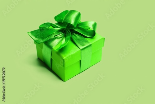 Green Gift Box With a Ribbon Sits on a Plain Background