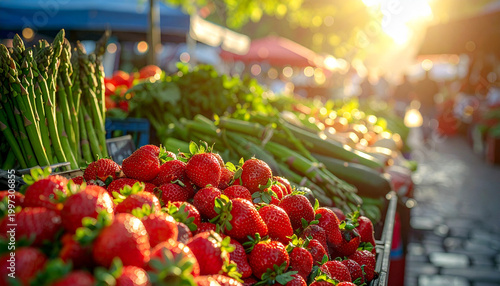 Close up of fresh red strawberries at a sunny farmers market