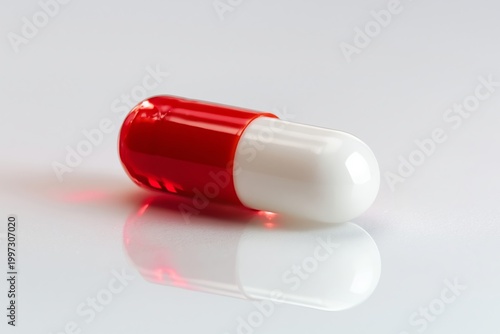 Red and White Capsule Placed on a Reflective Surface in a Simple Medical Setting