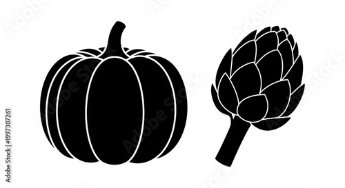 Εκτύπωση καμβά Black silhouettes of a pumpkin and an artichoke simple design silhouette
