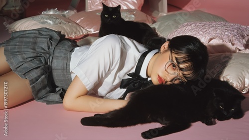 黒猫と一緒に床に横たわる女子学生。リラックスした雰囲気のライフスタイルやペット関連のシーン素材。