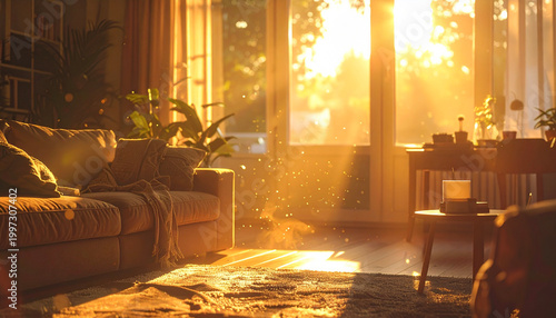 Warm inviting living room in soft golden sunset light