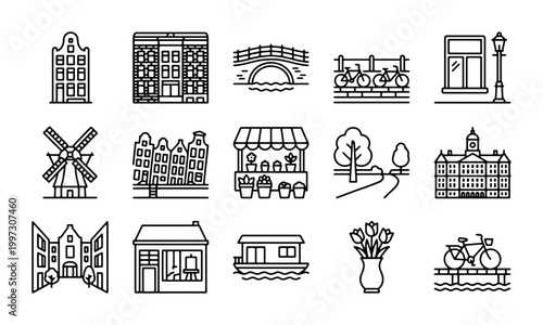 Quadro su tela Amsterdam Cityscape Icons, Dutch Architecture & Landmarks, Vector Elements Set