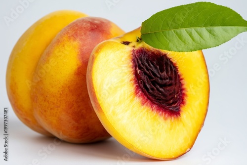 Fresh Peach and Sliced Peach With a Green Leaf on a Plain Background