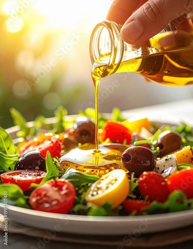 Extra virgin olive oil pouring onto fresh garden salad with cherry tomatoes and olives, culinary drizzle, healthy mediterranean diet, organic food