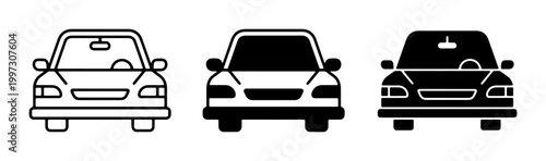 Minimalist car front icons, black vehicle silhouettes, 3 auto vector set