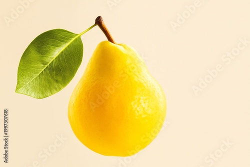 Yellow Pear With Green Leaf on a Light Background Near Fresh Fruits in a Simp...