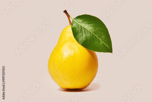 Fresh Pear With Green Leaf on Beige Background in Studio Setting