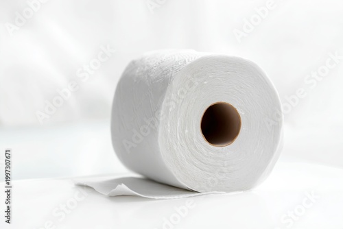 Roll of White Toilet Paper on a Plain Table With a Light Background