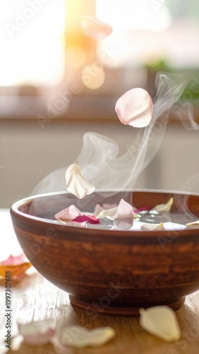 Clay bowl with water and floating flower petals, steaming hot spa treatment, wellness therapy, relaxation aromatherapy, serene nature background