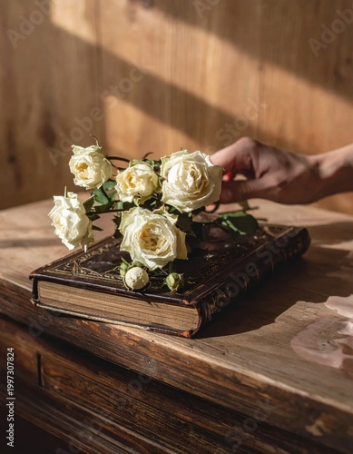 Delicate white roses resting on a vintage leather book with hand, rustic wood background, soft sun light, nostalgic aesthetic for seasonal themes