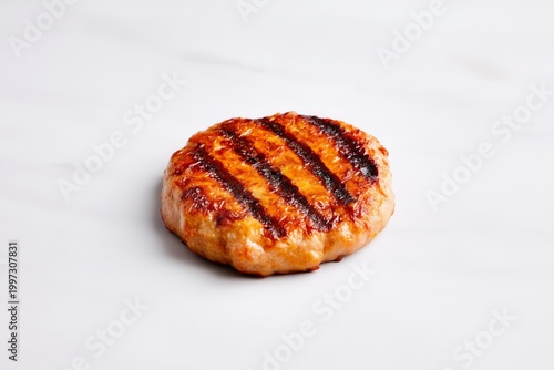 Grilled Patty Placed on a White Plate With a Smooth Surface in a Kitchen Setting