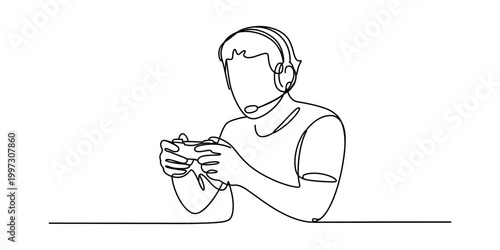 Person wearing headphones playing video games with a controller, continuous line art style Vector, illustration