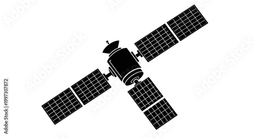 A black silhouette of a satellite with solar panels extending outward silhouette