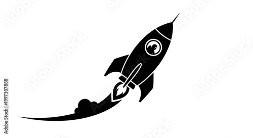 Stylized rocket ship launching with a trail of smoke silhouette