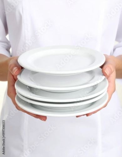 Waitress wearing white uniform holding stack of empty white ceramic plates, restaurant service industry, catering preparation, table setting