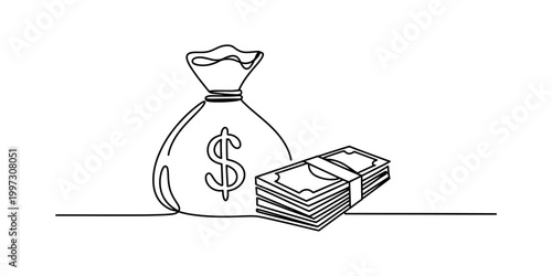 Money bag with dollar sign and stack of cash, simple line art illustration Vector, illustration