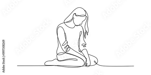 Single continuous line drawing of a woman sitting down, looking thoughtful and sad Vector, illustration