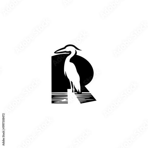Clean monochrome vector logo featuring a standing crane combined with an alphabet letter R, ideal for brand identity, corporate logo, minimalist design, and emblem use.