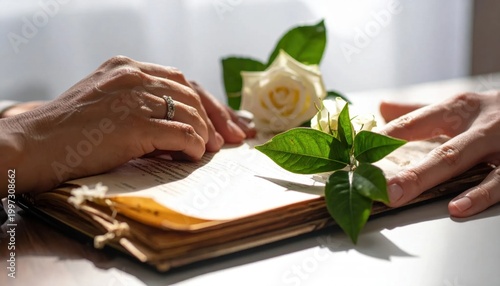 Woman hands resting on old vintage book with white rose and green leaves, nostalgic atmosphere, memory, reading, romance, literature, sentimental mood