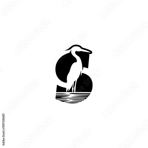 Clean monochrome vector logo featuring a standing crane combined with an alphabet letter S, ideal for brand identity, corporate logo, minimalist design, and emblem use.