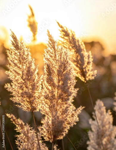 golden reed grass plumes illuminated by warm sunset light in a tranquil field, perfect for seasonal nature themes, autumn atmosphere, serenity