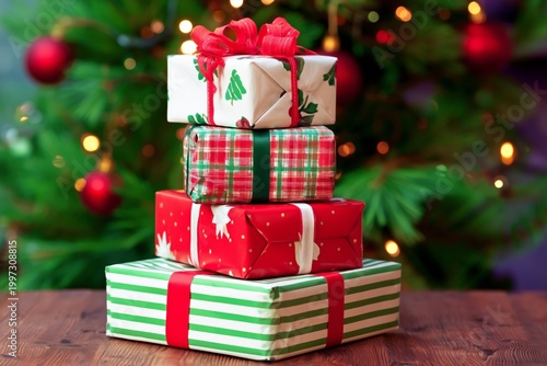 Colorful Gift Boxes Stacked for a Holiday Celebration in Front of a Decorated...