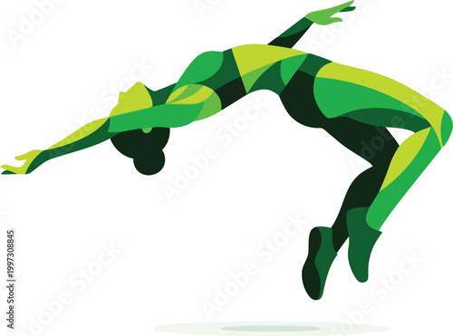 Konstfotografi A green geometric silhouette of an athlete performing a high jump or gymnastics pose