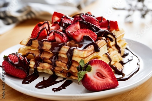 Waffles Are Stacked on a White Plate With Sliced Strawberries and Chocolate S...