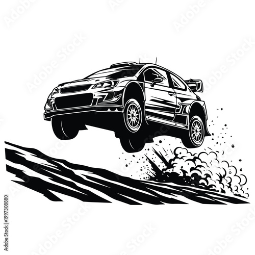 A dynamic monochrome illustration captures a rally car mid-air during an extreme jump over a dirt track, creating dust clouds and conveying intense motion