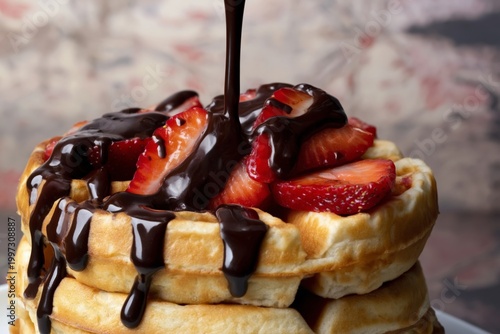 Waffles Topped With Fresh Strawberries and Chocolate Sauce Served on a White ...
