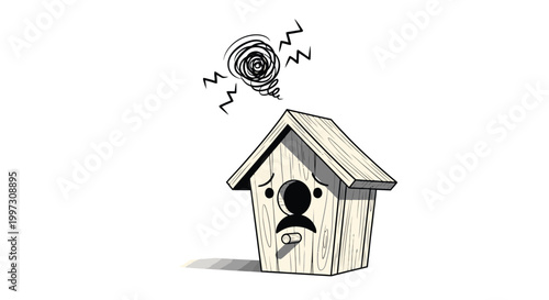 Birdhouse with shocked expression and lightbulb.