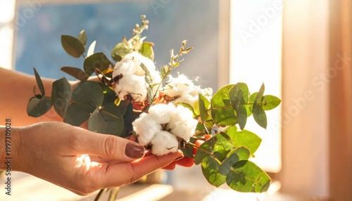 Woman hands holding organic cotton flowers and eucalyptus branches in soft golden sunlight, natural spa care, eco friendly, rustic wedding decoration
