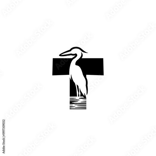 Clean monochrome vector logo featuring a standing crane combined with an alphabet letter T, ideal for brand identity, corporate logo, minimalist design, and emblem use.