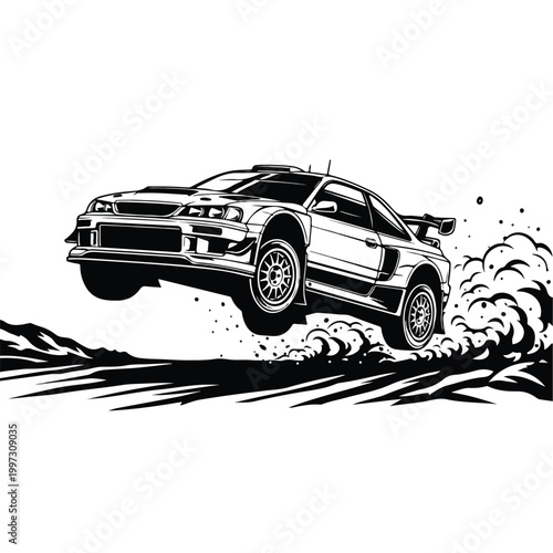 Dynamic black and white illustration of a rally car performing an airborne jump over a dirt track, kicking up dust and debris in a powerful motion