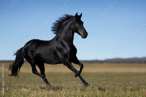Black Horse Running in an Open Field at Midday Under a Clear Blue Sky