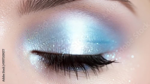 Closed eye with blue eyeshadow makeup.