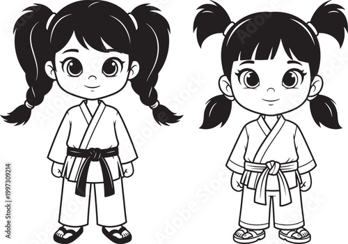 Two young girls dressed in martial arts uniforms with belts black belt white belt self defense asian culture traditional clothing line art training practice discipline strength healthy life