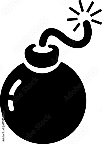 Bomb explosive weapon danger icon in black flat style featuring grenade, dynamite, blast, detonation synonym elements for hazard, warning and military design use