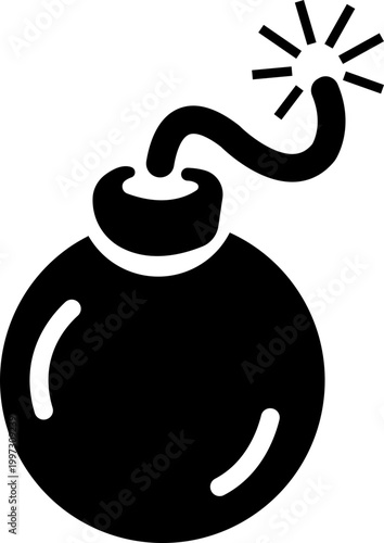 Bomb explosive weapon danger icon in black flat style featuring grenade, dynamite, blast, detonation synonym elements for hazard, warning and military design use