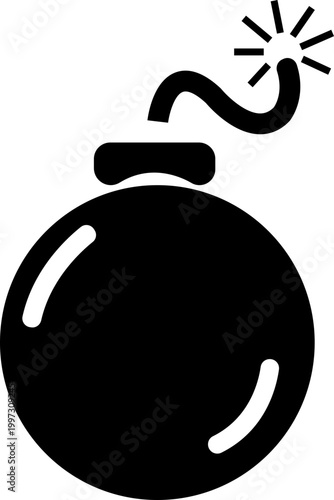 Bomb explosive weapon danger icon in black flat style featuring grenade, dynamite, blast, detonation synonym elements for hazard, warning and military design use