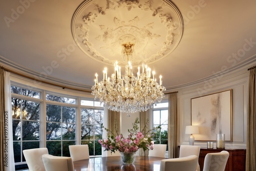 Elegant Dining Area With Chandelier and Natural Light in a Spacious Home