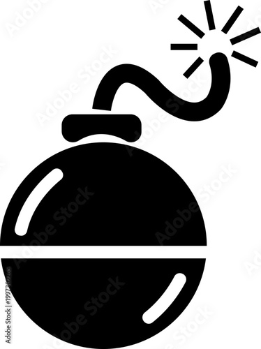 Bomb explosive weapon danger icon in black flat style featuring grenade, dynamite, blast, detonation synonym elements for hazard, warning and military design use