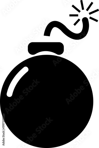 Bomb explosive weapon danger icon in black flat style featuring grenade, dynamite, blast, detonation synonym elements for hazard, warning and military design use